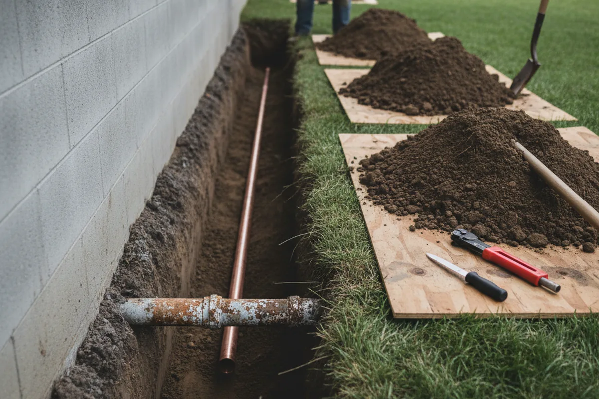 Excavated water line trench during Sewer Line Repair in Elloree